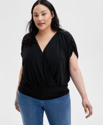 I.N.C. International Concepts - Plus Size Printed Ruched Surplice-Neck Top