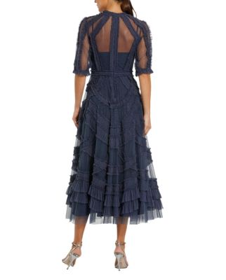 Women's High Neck Puff Sleeve Ruffle Tiered Dress