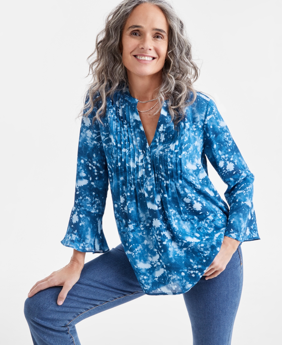 Women's Printed Pintuck Ruffle Sleeve Blouse, Exclusively at Macy's - Ocean Dye