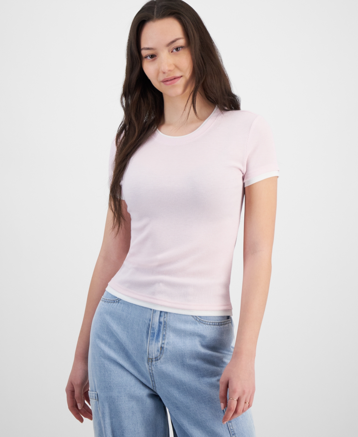 Juniors' Ribbed Layered T-Shirt - Pink/White Combo