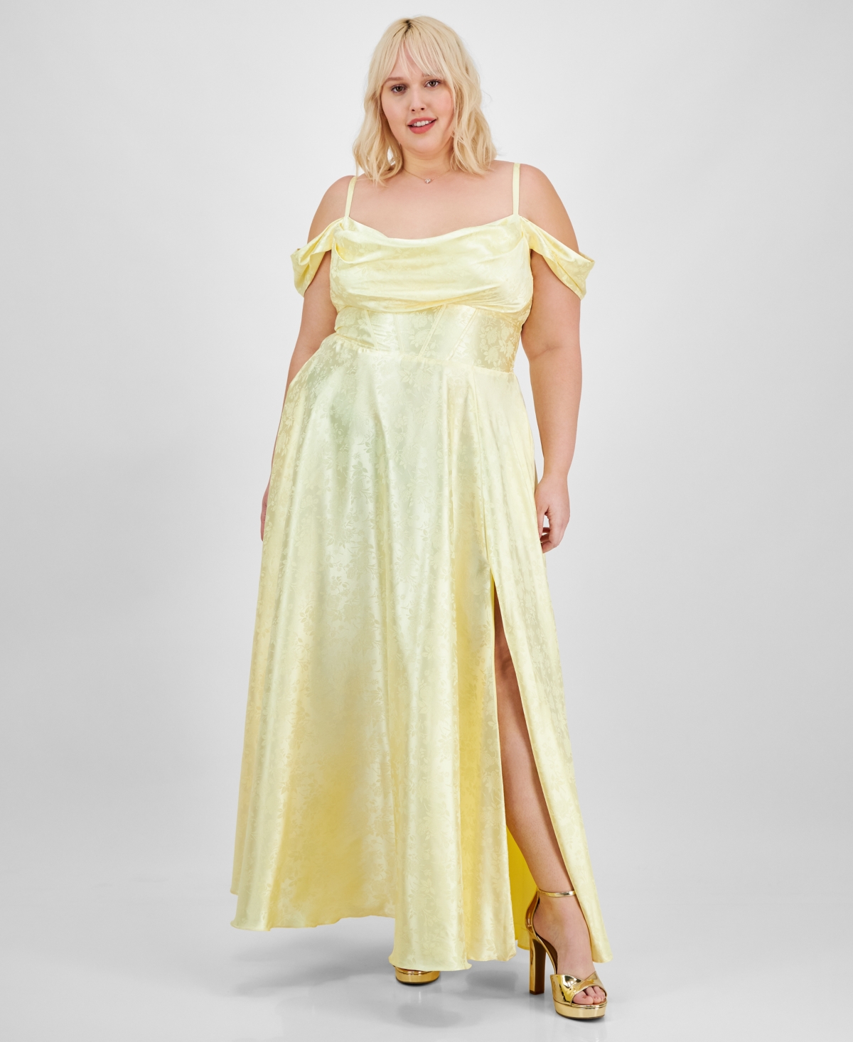 B Darlin Trendy Plus Size Off-the-shoulder Satin Jacquard Gown In Yellow
