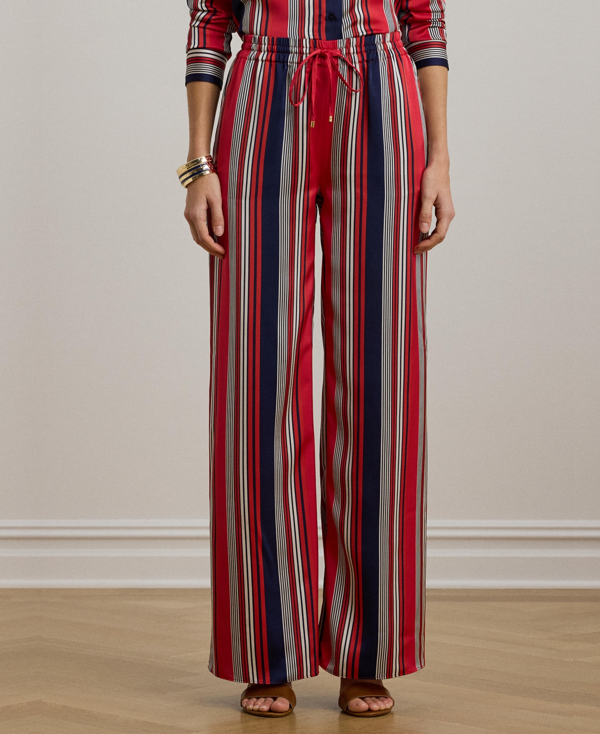 Women's Striped Satin Charmeuse Wide-Leg Pants - Red Multi