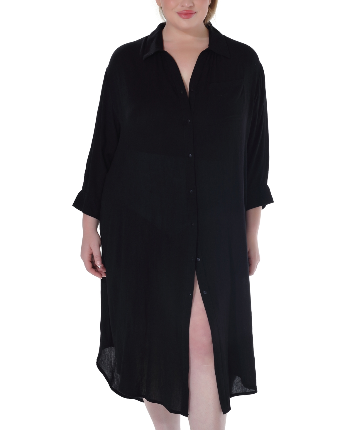 Raviya Plus Size Button-down Midi Cover-up Dress In Black