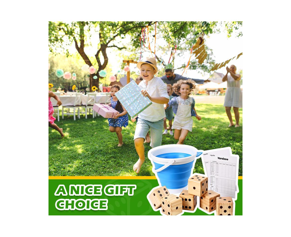 ropoda Giant Wooden Yard Dice Set，includes 6 Dice, Collapsible Bucket, Score Cards & Dry Erase Marker