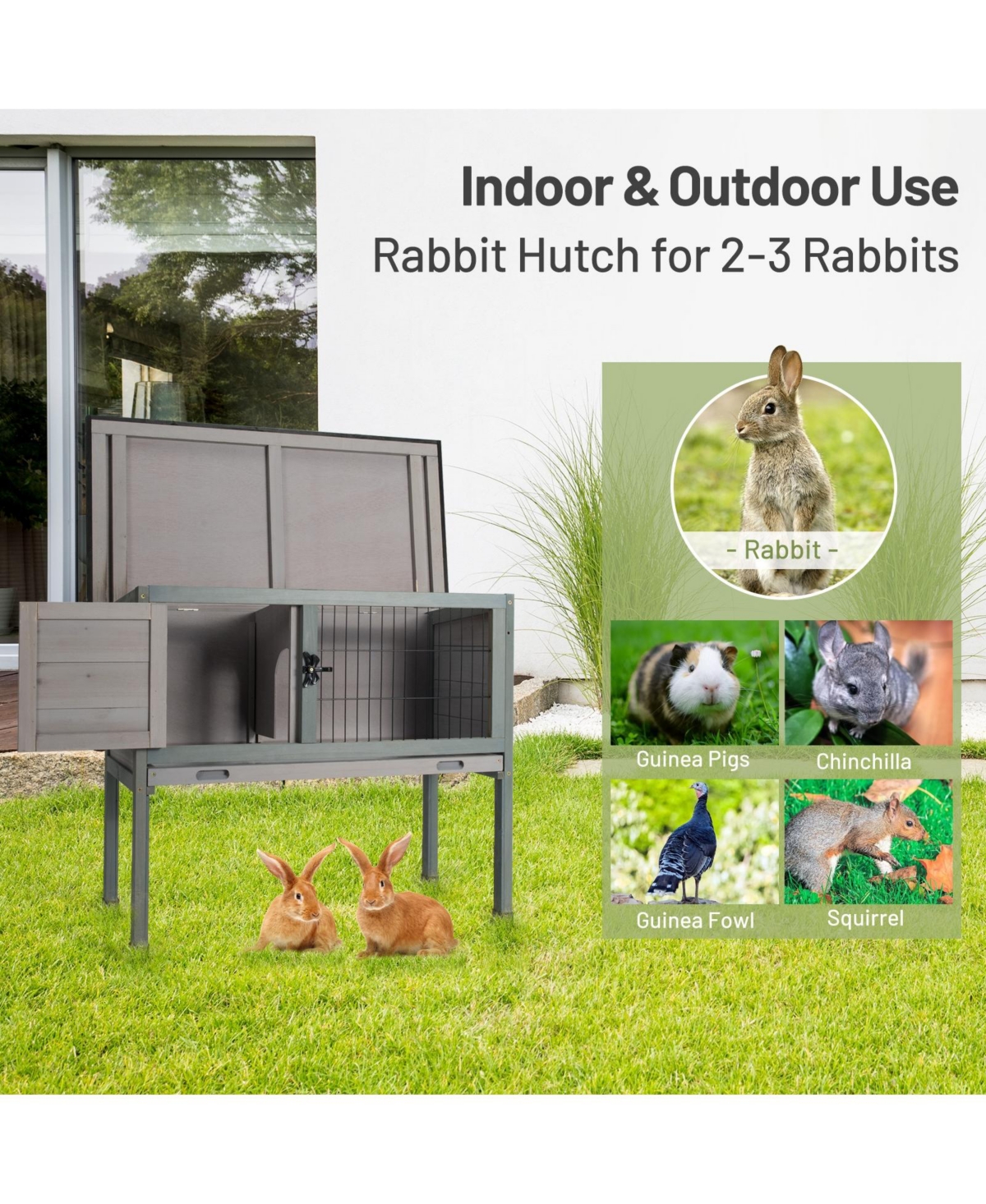 Gouun Elevated Rabbit Hutch with Hinged Asphalt Roof and Removable Tray