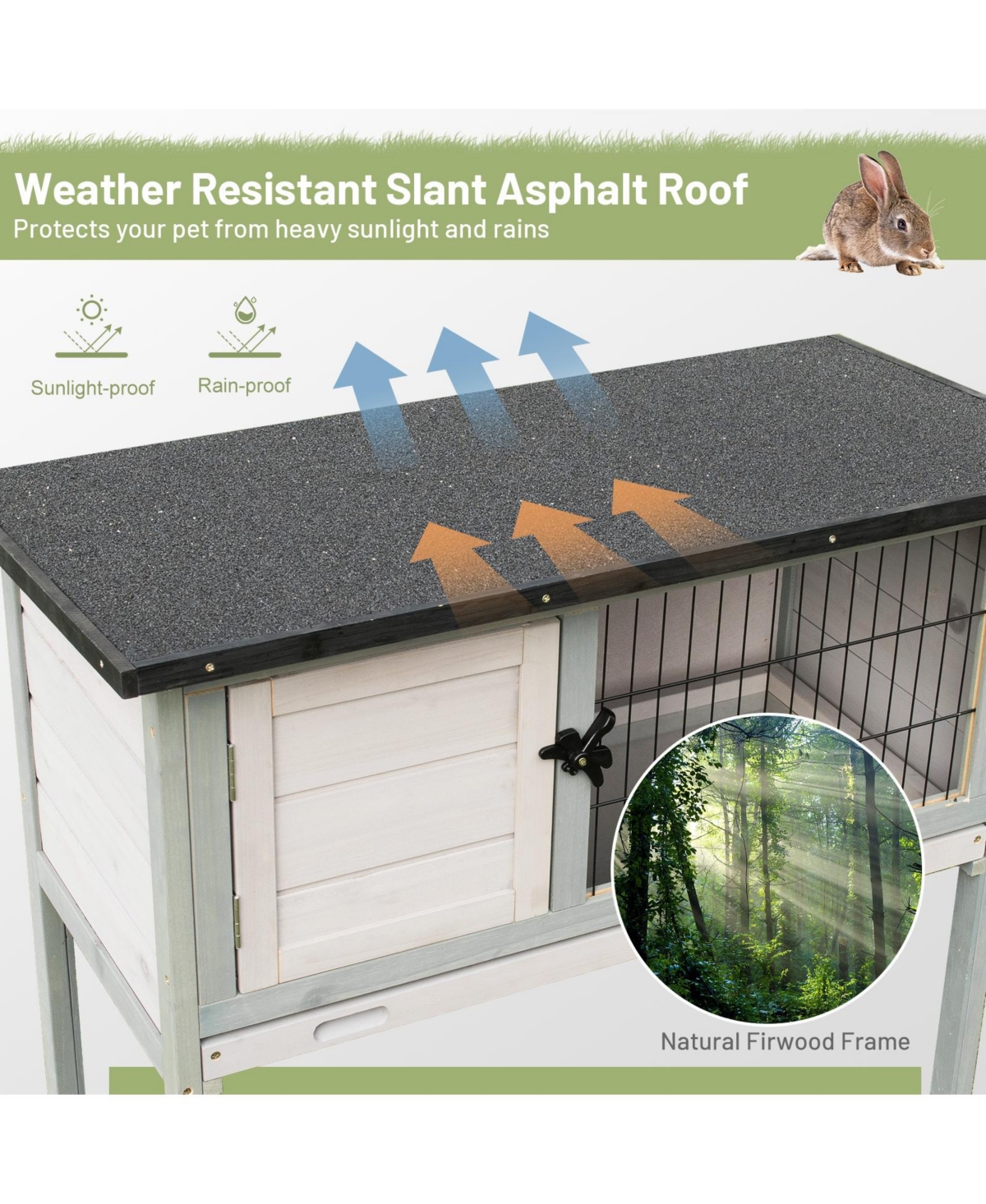 Gouun Elevated Rabbit Hutch with Hinged Asphalt Roof and Removable Tray