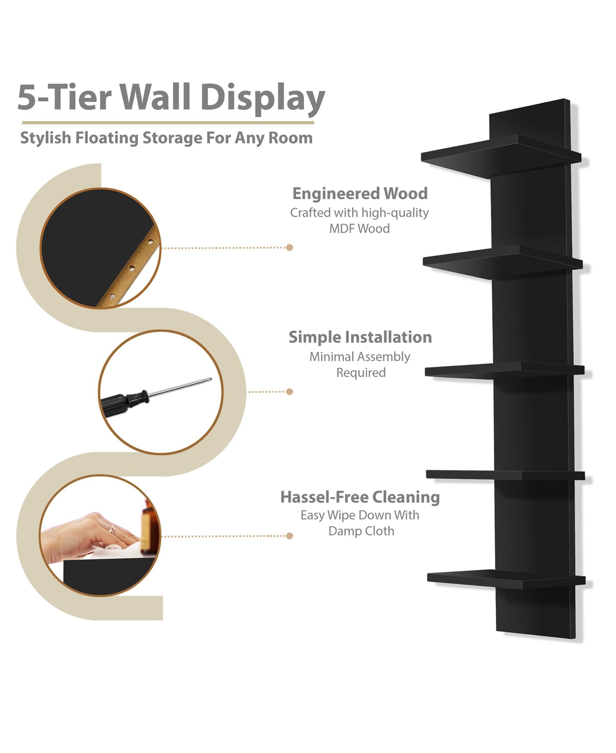 Sorbus 5 Tier Vertical Wall-Mounted Floating Shelves for Bathroom, Bedroom, Living Room, Kitchen and More - Black
