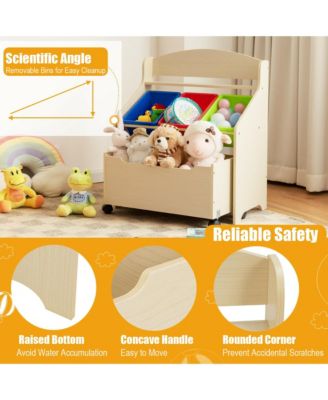 Kids Wooden Toy Storage Unit Organizer w/Rolling Toy Box &amp; Plastic Bins