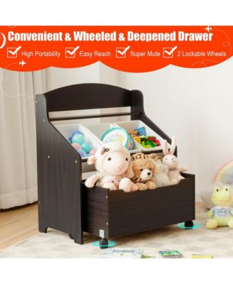 Kids Wooden Toy Storage Unit Organizer w/Rolling Toy Box & Plastic Bins