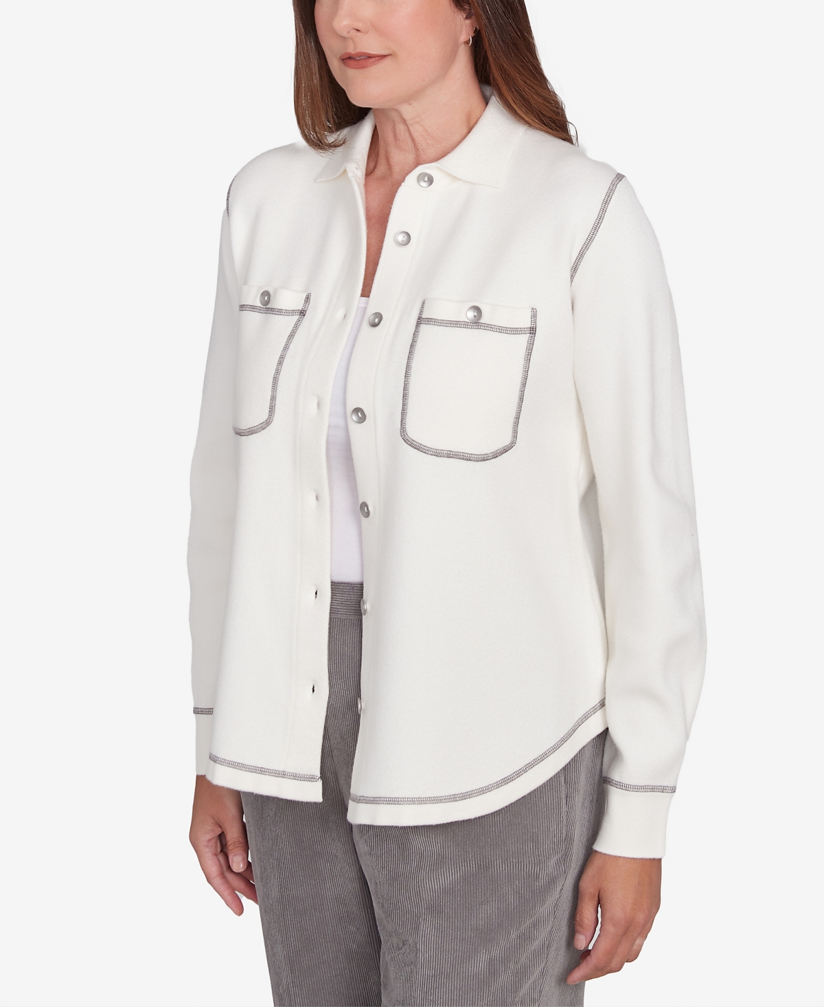 Alfred Dunner Petite Copenhagen Button Up Shirt Jacket In Winter White