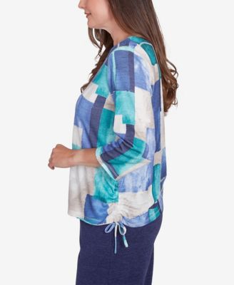 Women's French Quarter Blue Tone Box Print Ruched Top