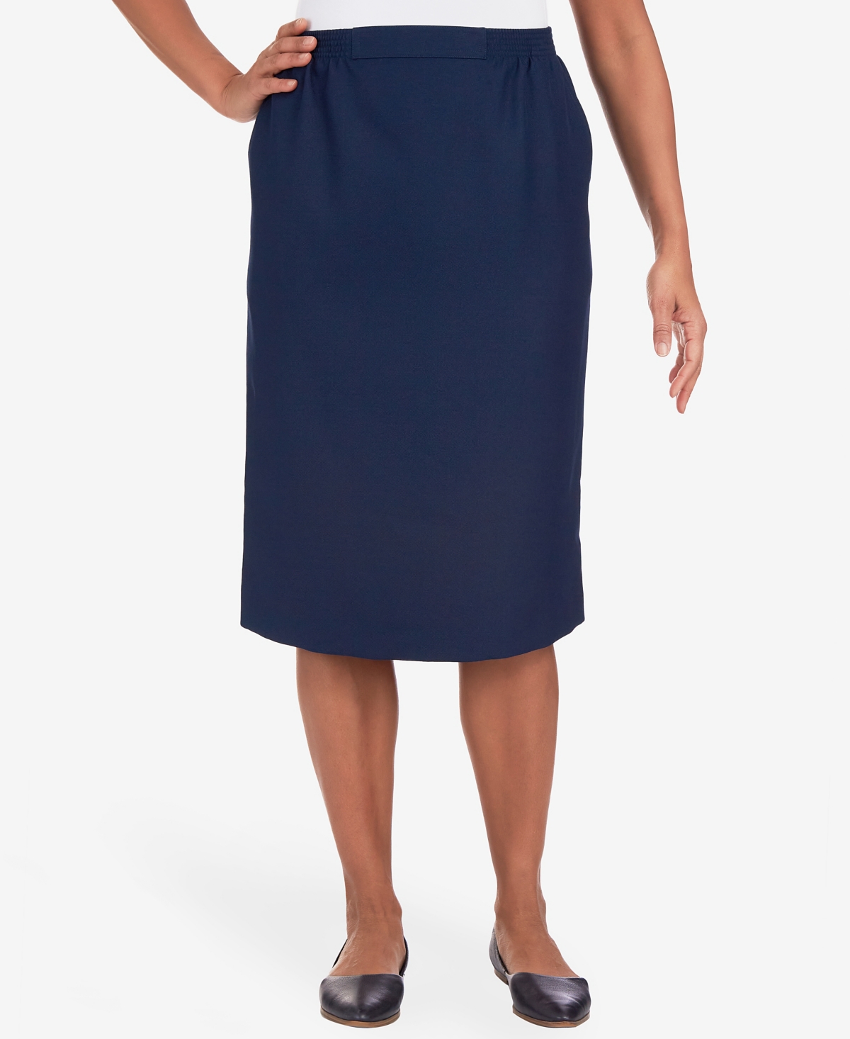 Women's Cinch Waist Midi Skirt with Slant Pockets - Navy