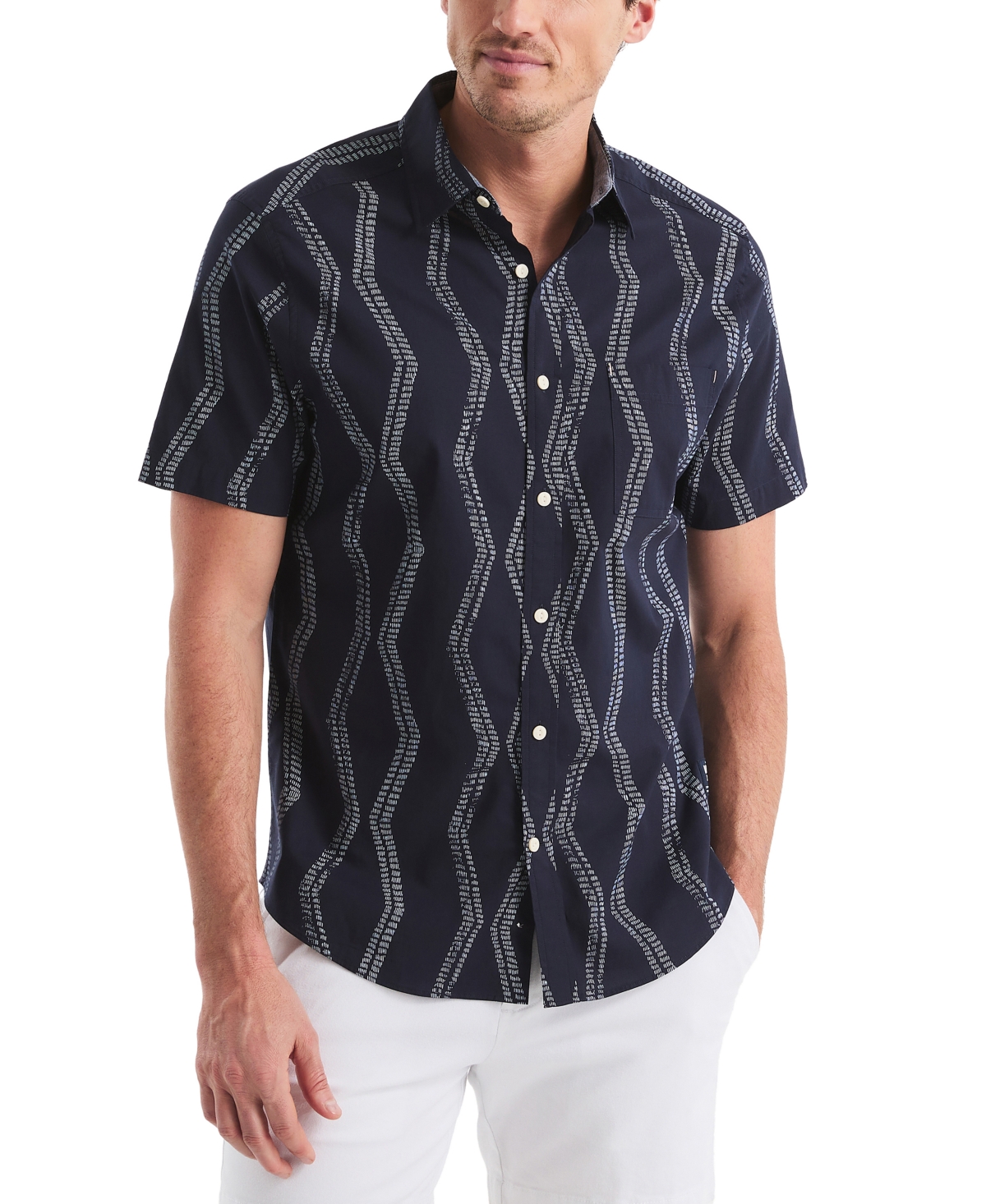 Men's Short Sleeve Button-Front Wave Print Shirt - Navy