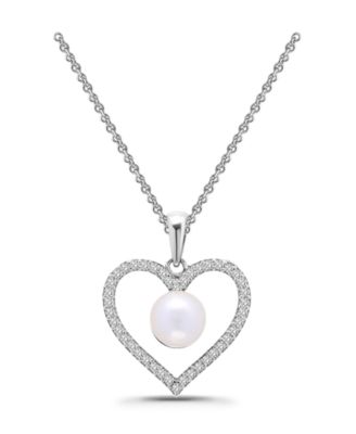 Freshwater Cultured Pearl Cubic Zirconia Open Heart Pendant Necklace
