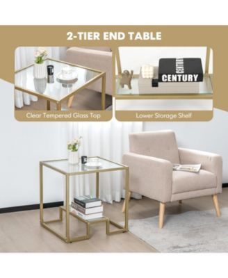 22 Inch 2-Tier Square Sofa Side Table with Tempered Glass Tabletop