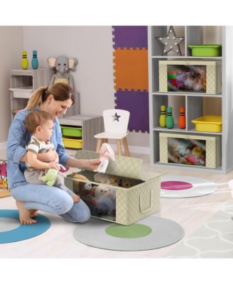 6 Pack Medium Foldable Clothes Storage Bags with Clear Window, Zipper Lid and Carry Handles - for Organizing Bedroom, Closet, Home (Beige)