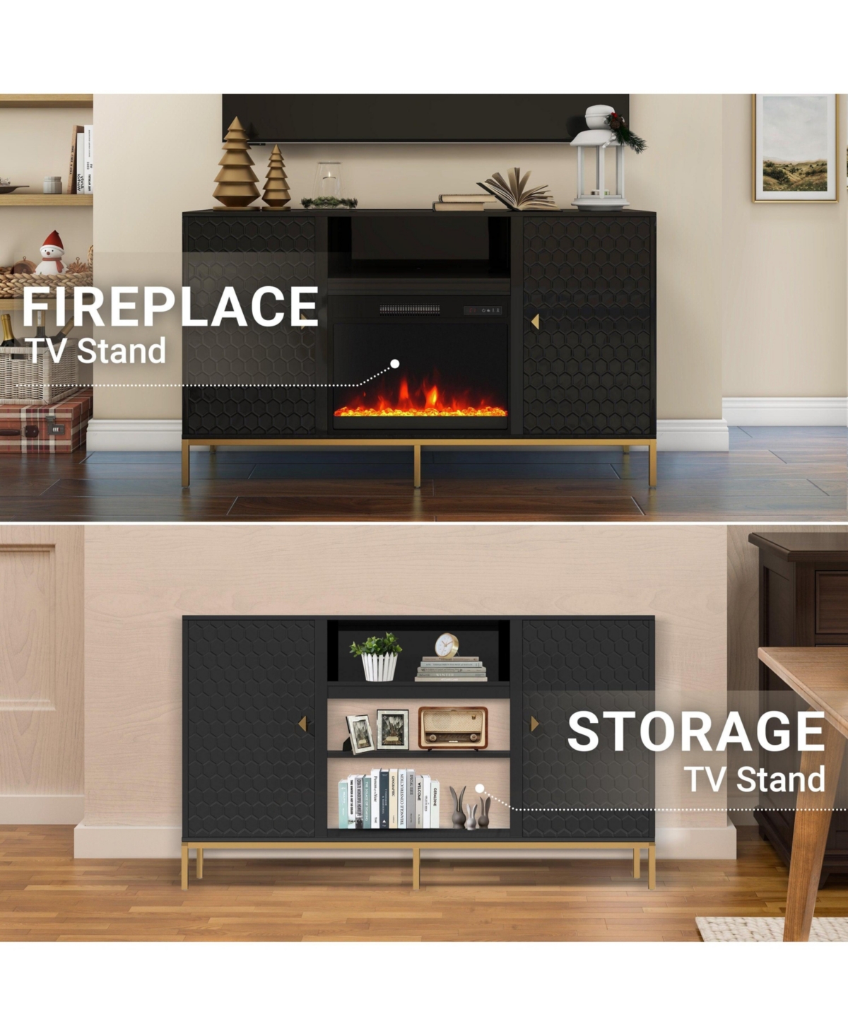 Mondawe Tv Stand with Electric Fireplace With Remote Control and Able to place items- Black