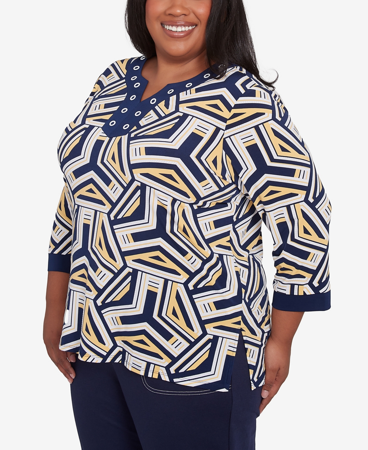 Alfred Dunner Plus Size Block Island Geometric Grommet Trim Top In Navy Multi