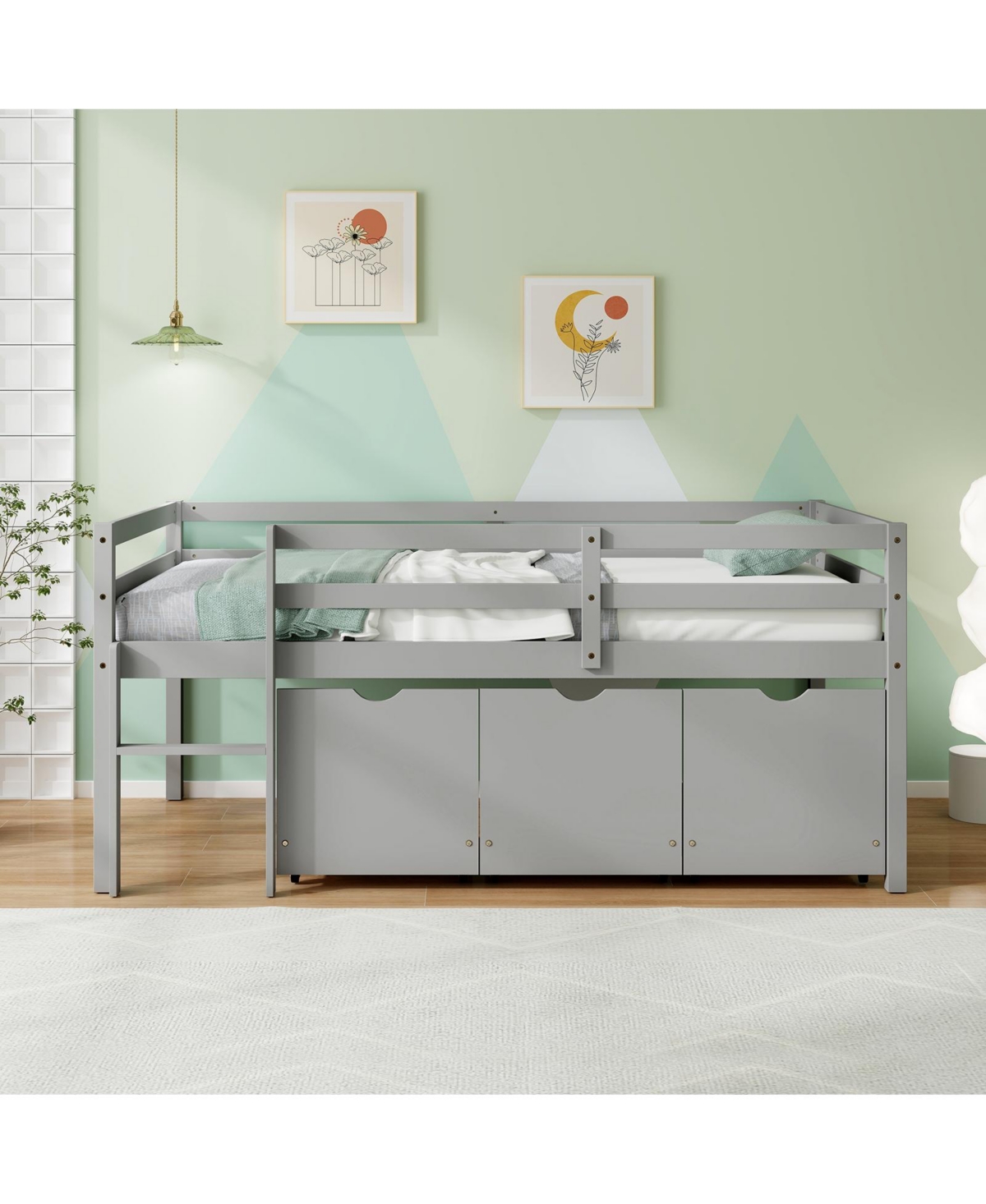 Gouun Twin Loft Bed with 3 Drawers with Ladder and Full-length Guardrails