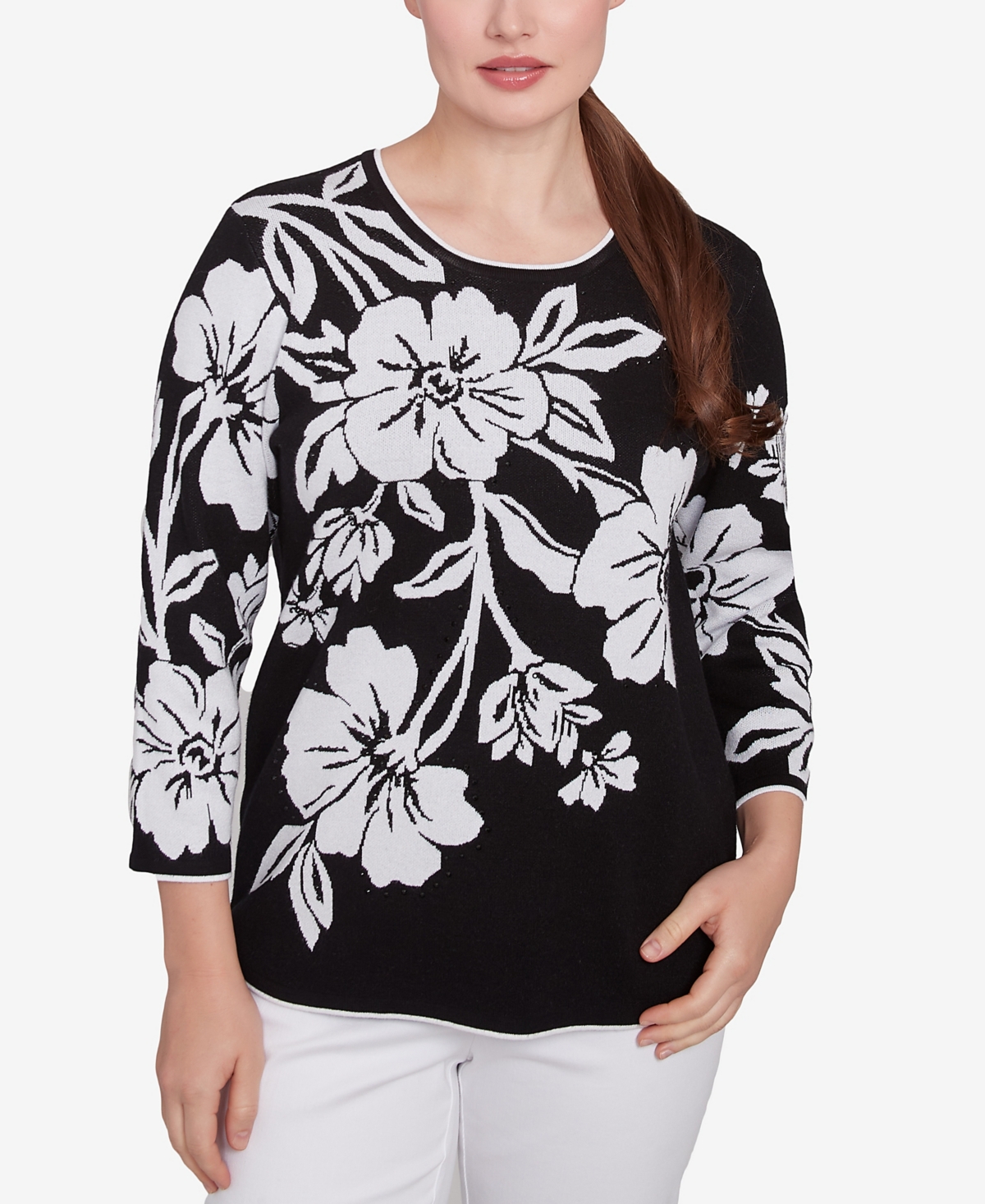 Petite Wild at Heart Dramatic Floral Crew Neck Sweater - Black