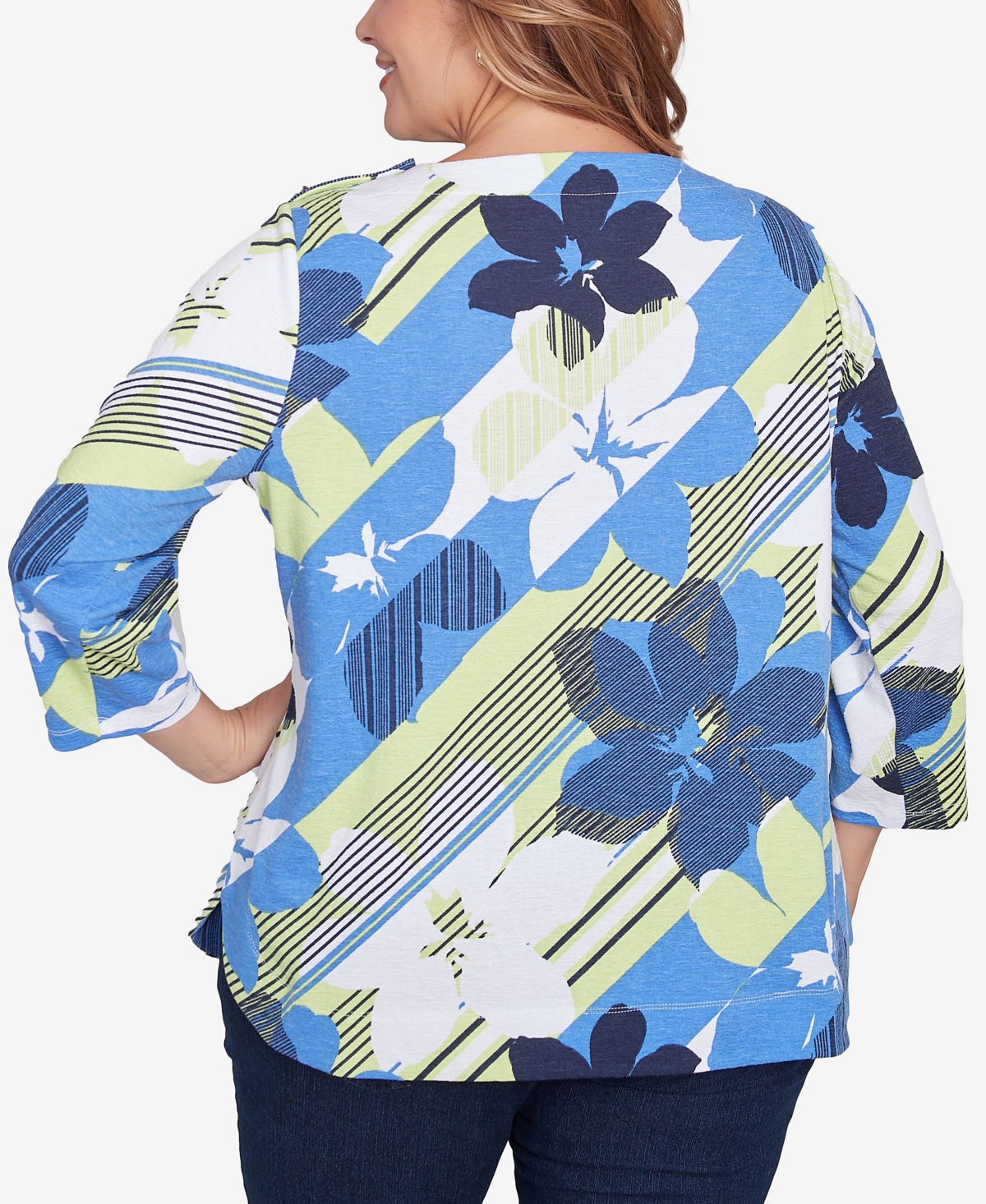 Ruby Rd. Plus Size Diagonal Striped Floral Top In Azure Multi