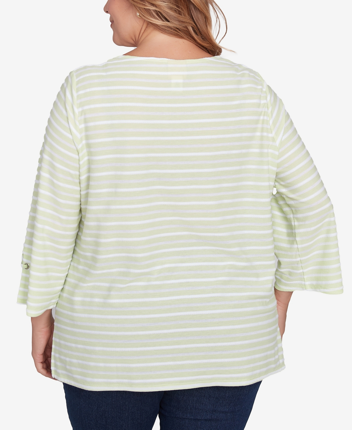 Ruby Rd. Plus Size Ribbon Stripe Laced Sleeve Top In Avocado Multi