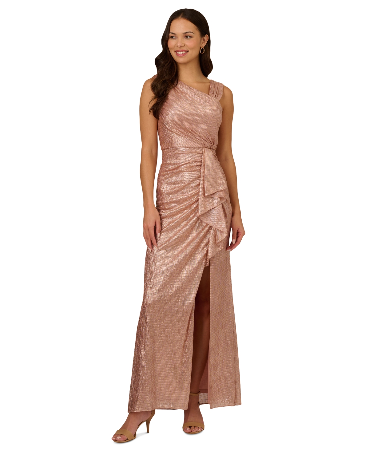 Shop Adrianna Papell Women's Waterfall-ruffle Metallic-finish Gown In Rose Gold
