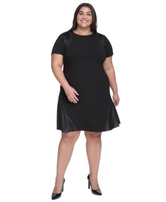 DKNY - Plus Size Studded Mixed-Media Short-Sleeve Dress