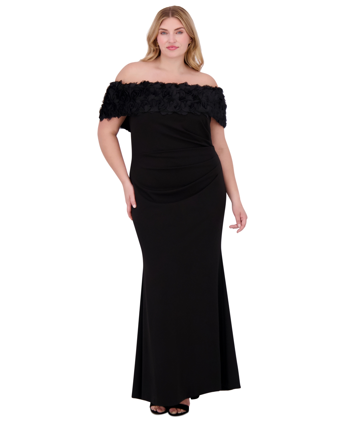ELIZA J PLUS SIZE ROSETTE-TRIM OFF-THE-SHOULDER EVENING GOWN 