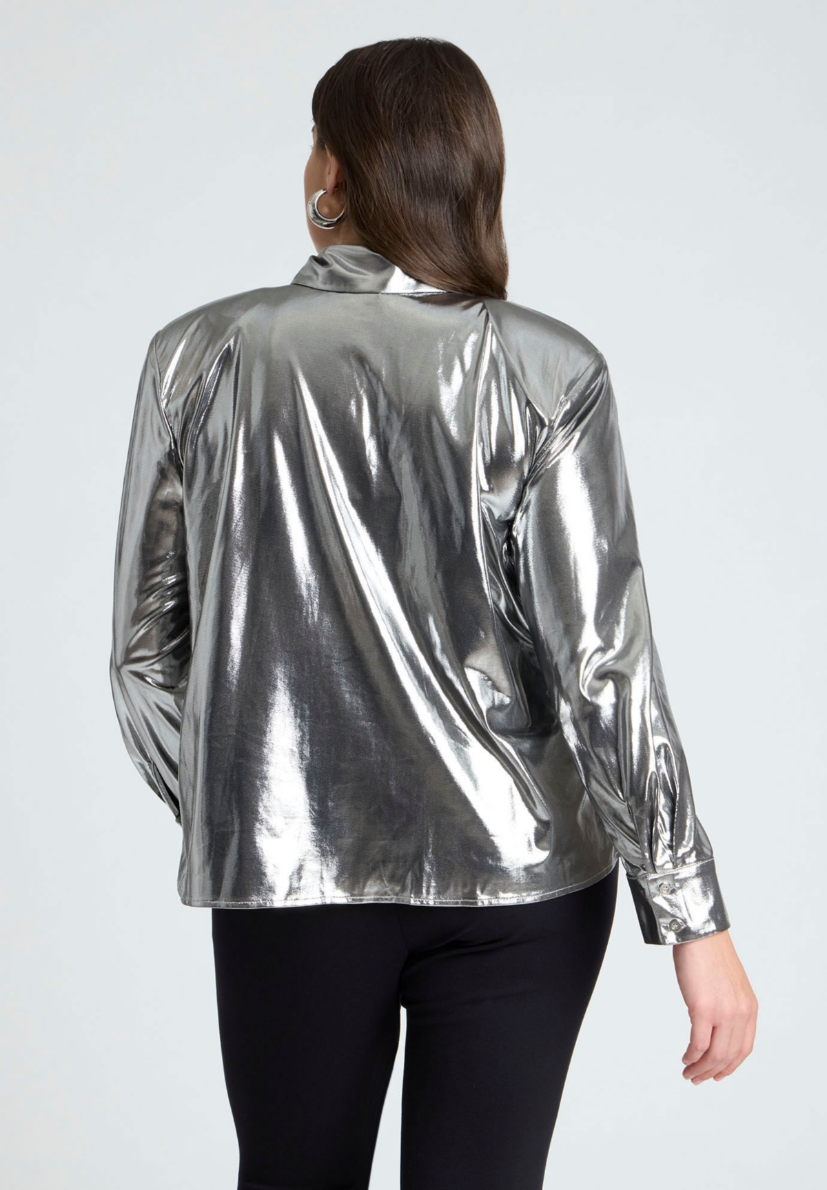Eloquii Plus Size Metallic Button Up Top With Shoulder Pad