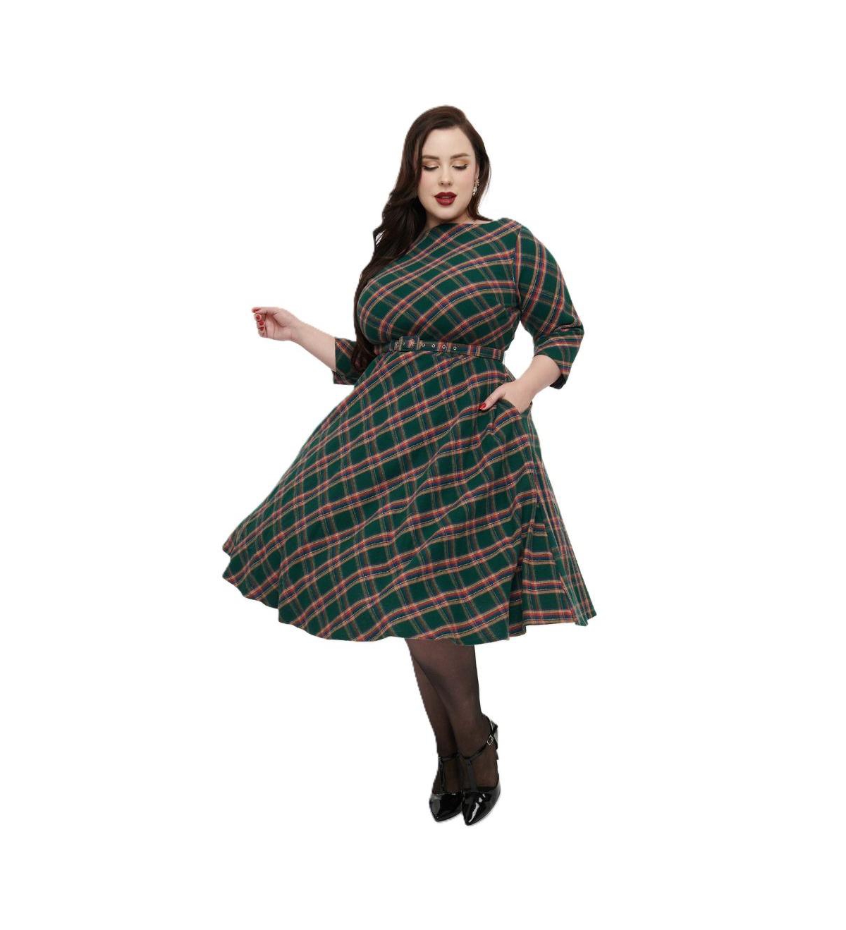 Unique Vintage Plus Size Three Quarter Sleeve Belted Devon Swing Dress - Green tan plaid