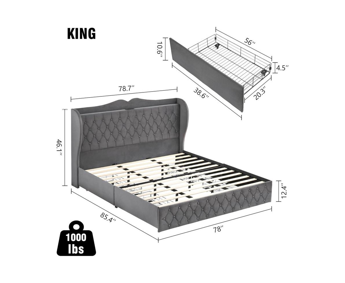 gaomon Size Bed Frame with Charging Station and 4 Storage Drawers, Velvet Upholstered Tall Tufted Wingback Headboard and Storage Shelf, No Box Sp