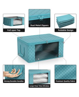 6 Pack Medium Foldable Clothes Storage Bags with Clear Window, Zipper Lid and Carry Handles - for Organizing Bedroom, Closet, Home (Aqua)