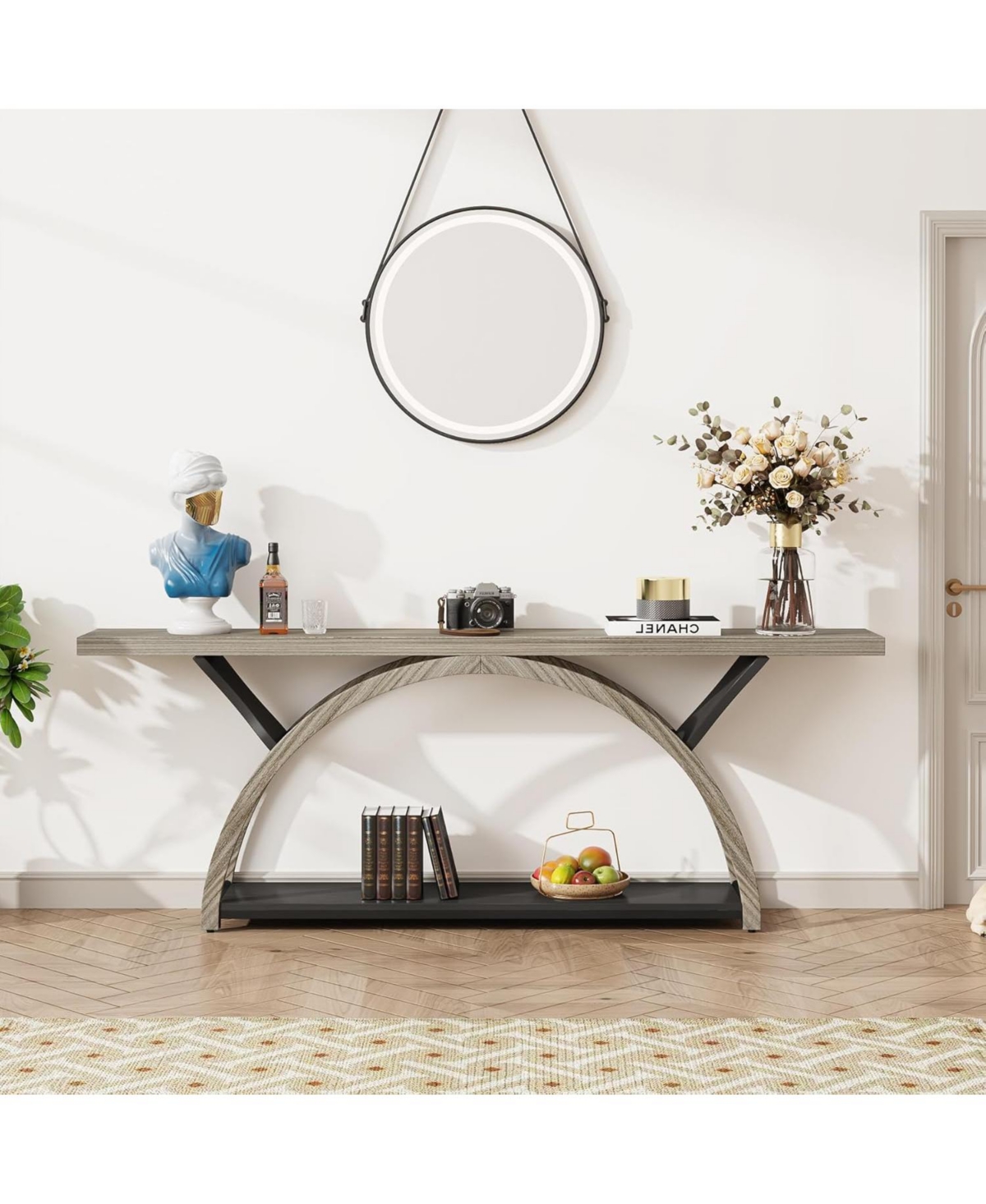 Tribesigns Console Tables for Entryway, Narrow Long Entryway Table with Storage Shelf, 2-Tier Rustic Sofa Table with Half Moon Frame for Hallwa