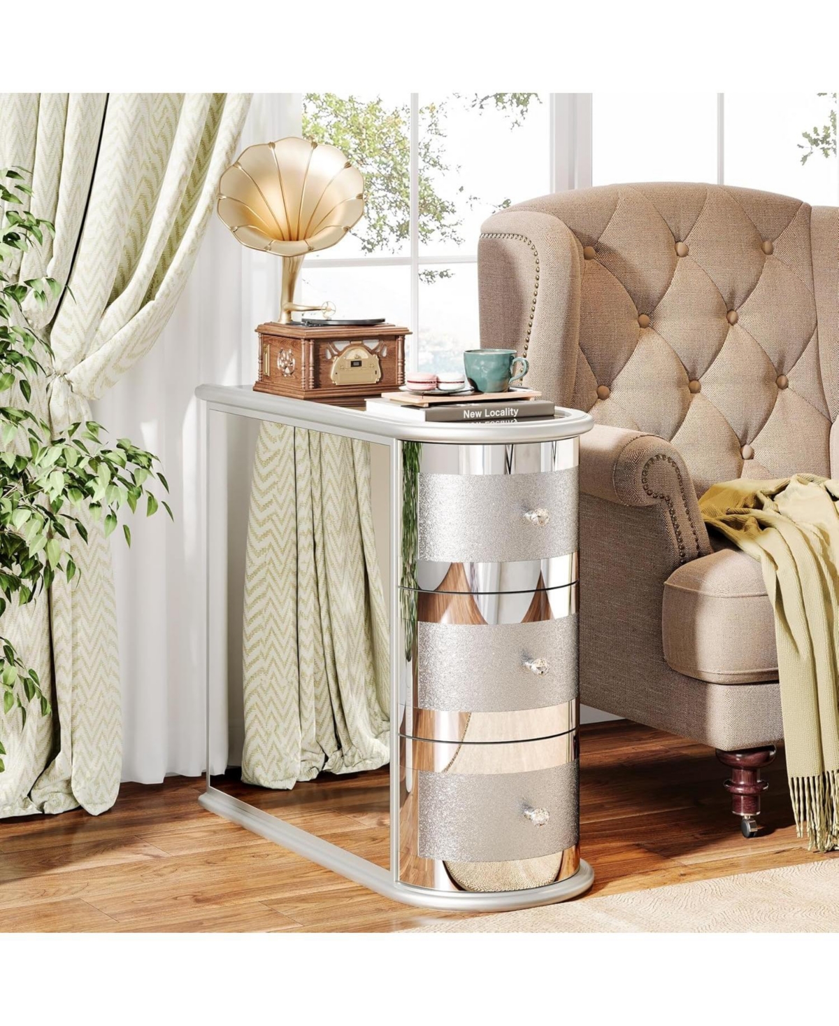 Tribesigns Wood End Table, 3-Drawer Mirrored Side Table, Narrow Sofa Side Table, No Assembly Required, Slim Nightstand Bedside Table for Living Room