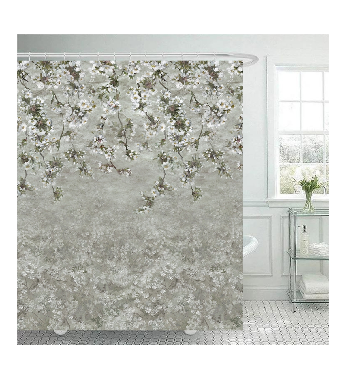Assam Blossom Dove Shower Curtain, 72''x72'' - Green, white, grey