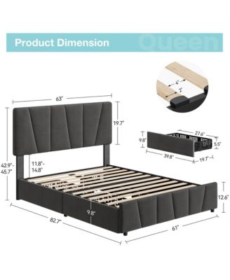 Queen Size Bed Frame with Adjustable Headboard and 4 Storage Drawers, Upholstered Platform Bed Frame