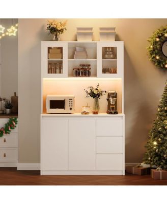 Tall Kitchen Pantry Cabinet, Kitchen Storage Cabinet with Led Lights and Power Outlets, Food Pantry Cabinet with Microwave Stand, Glass Door, Adjustable Shelves, Handless Design