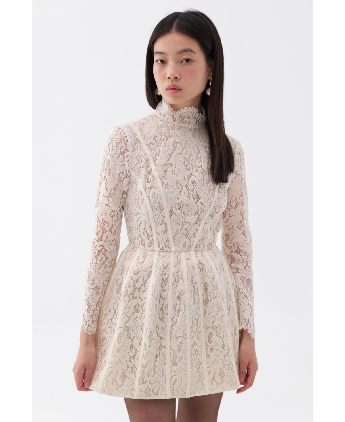 Women's Lace Long Sleeve Minidress - Black