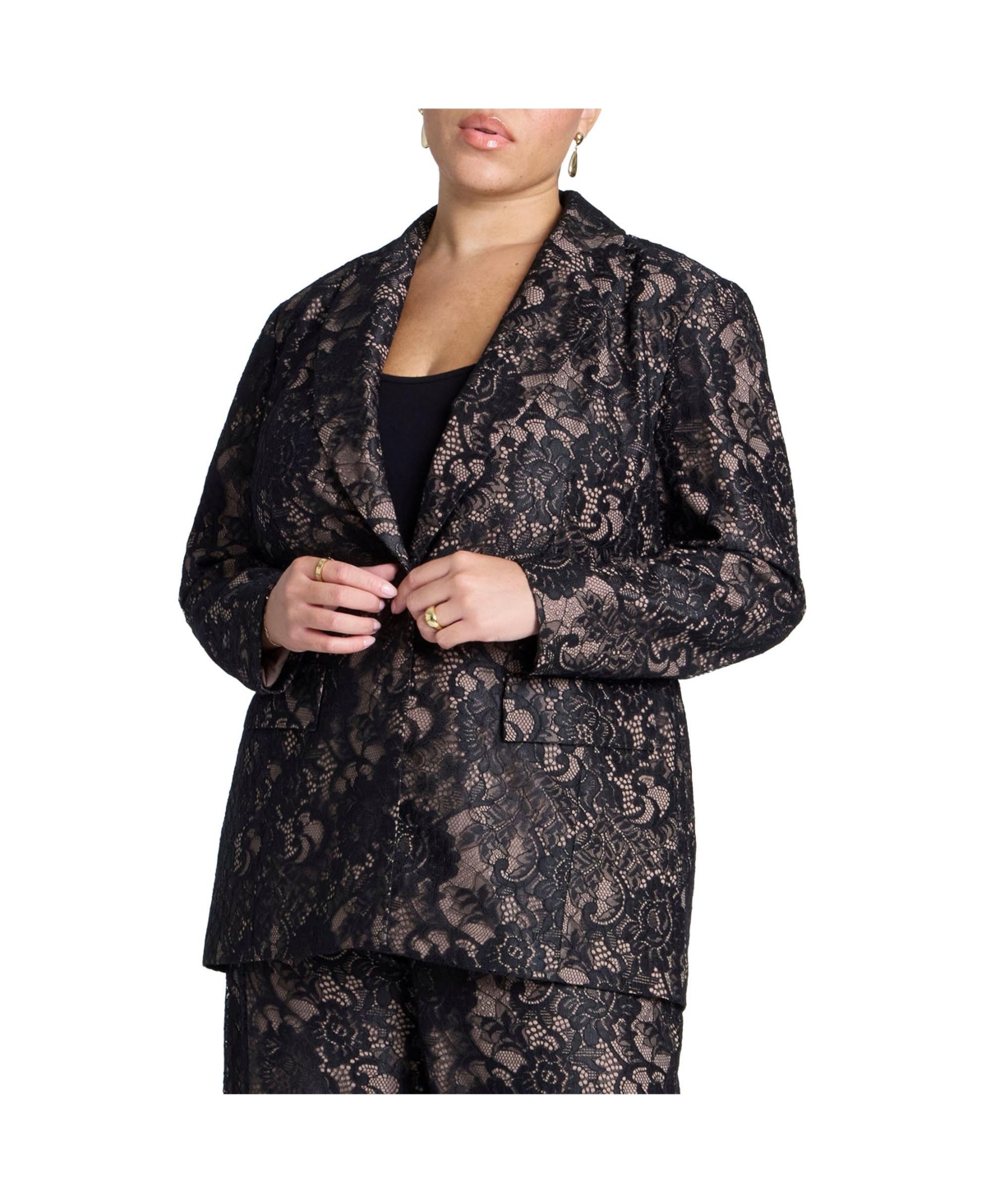 Women's Plus Size Contrast Lining Lace Blazer - Black onyx