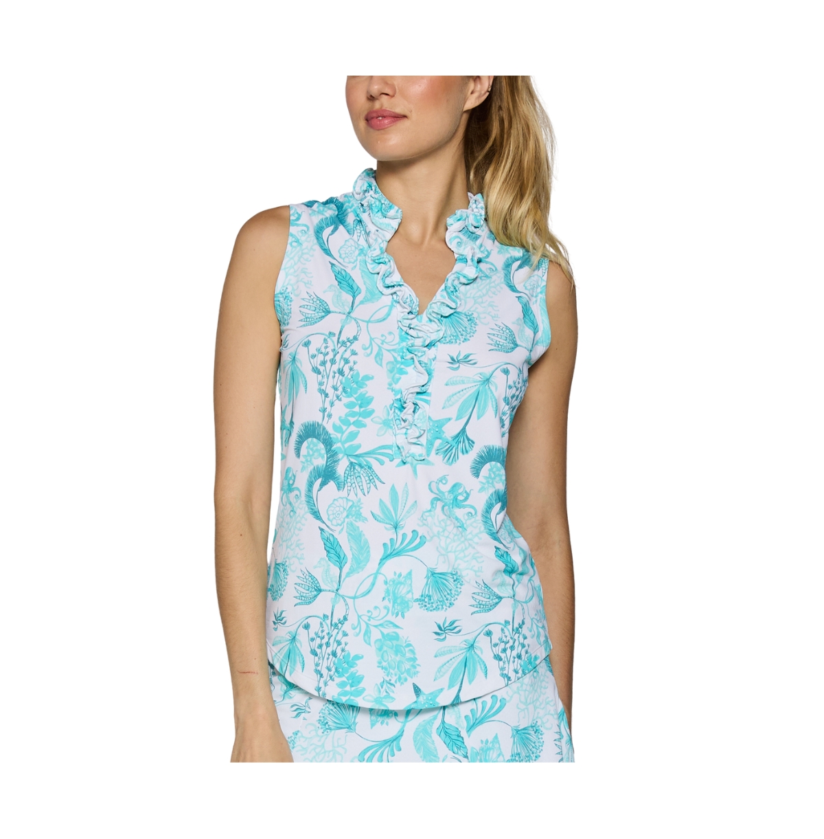 Women's G Lifestyle Sleeveless Double Ruffle Top - Caribbean turquoise sea
