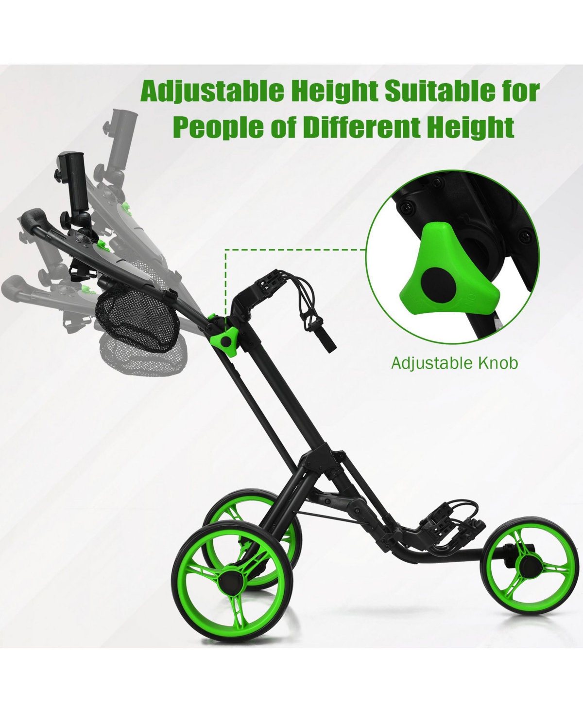 Gymax 3 Wheels Foldable Golf Push Pull Cart Trolley w/ Mesh Bag Foot Brake - Green+black