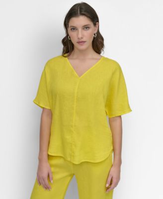 DKNY - Women's Seamed-Front V-Neck Curved-Hem Linen Blouse