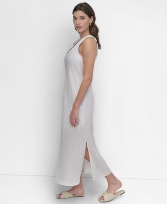 Women's Linen Panelled V-Neck Midi Dress