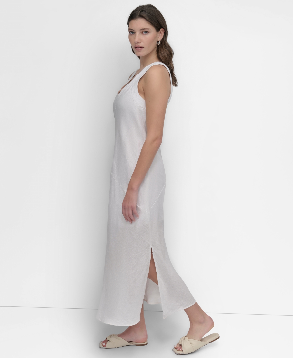 DKNY WOMEN'S LINEN PANELLED V-NECK MIDI DRESS 