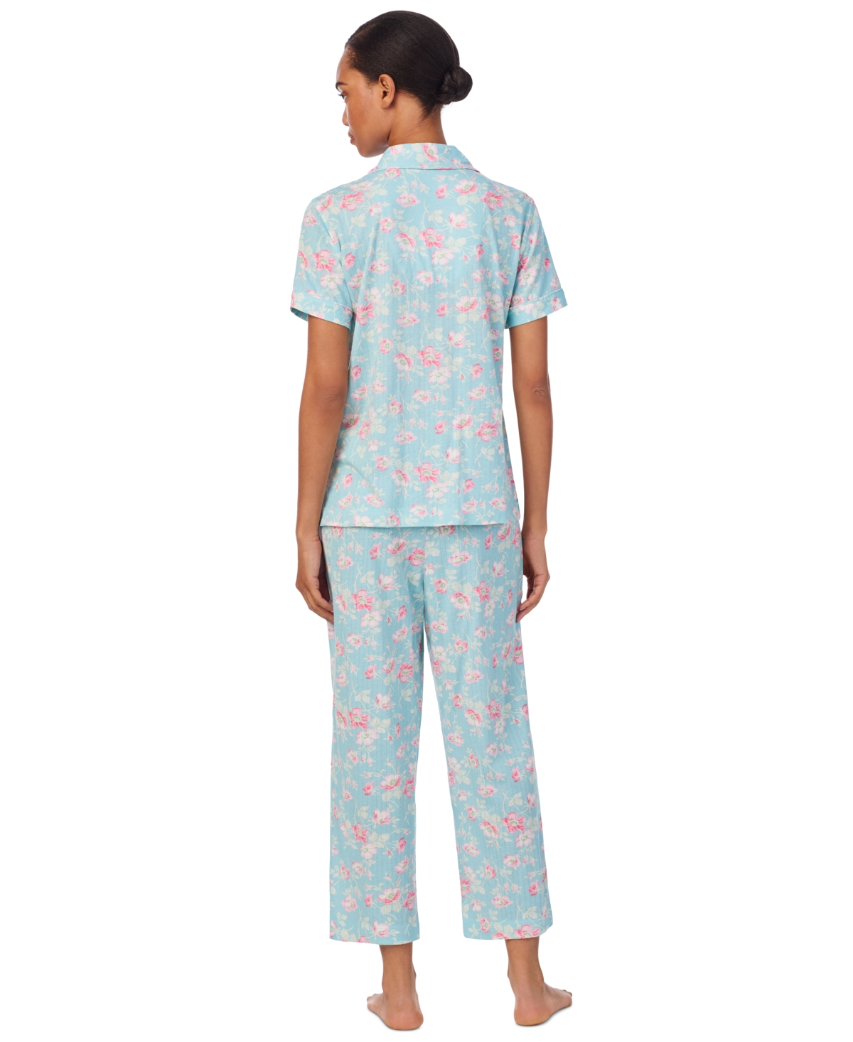 Shop Ralph Lauren Women's 2-pc. Short-sleeve Notch-collar Cropped-pant Pajama Set In Blue Floral