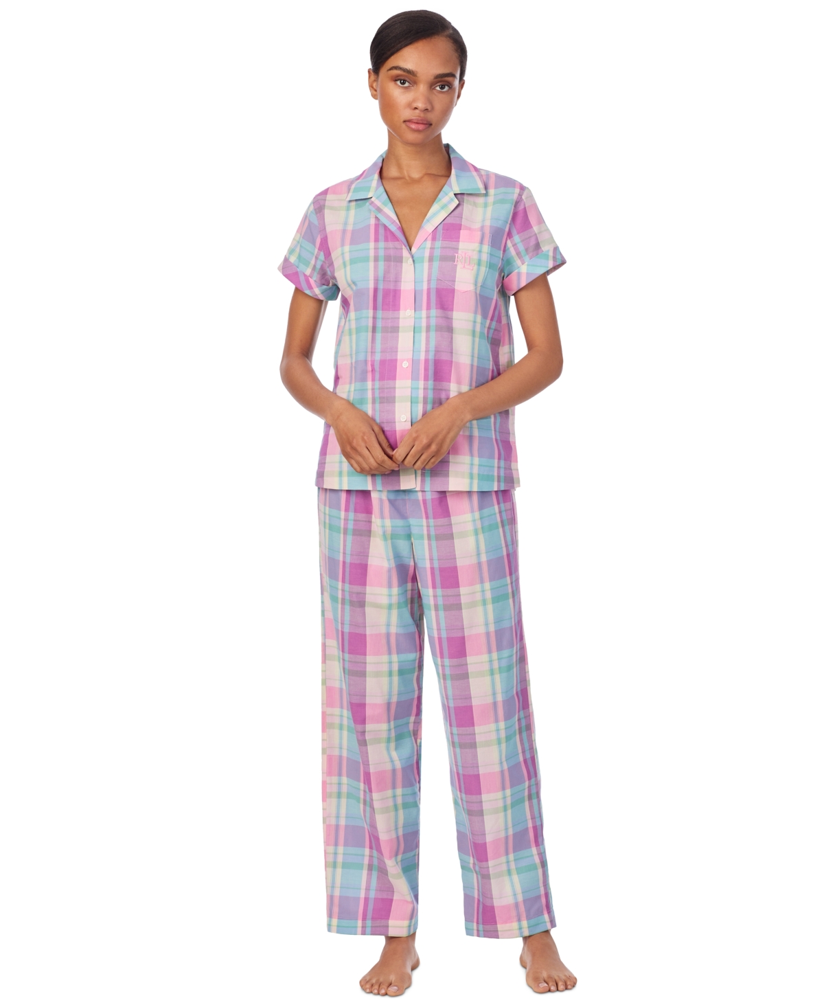 Shop Ralph Lauren Women's 2-pc. Short-sleeve Notch-collar Ankle-pant Pajama Set In Pink Plaid