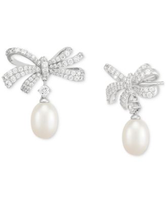 Arabella - Cultured Freshwater Oval Pearl (11 x 9mm) & Cubic Zirconia Bow Drop Earrings in Sterling Silver