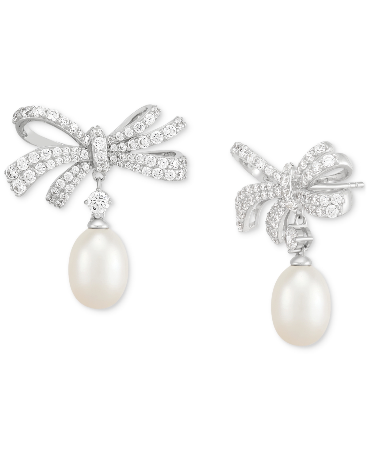 Arabella Cultured Freshwater Oval Pearl (11 X 9mm) & Cubic Zirconia Bow Drop Earrings In Sterling Silver In Silver