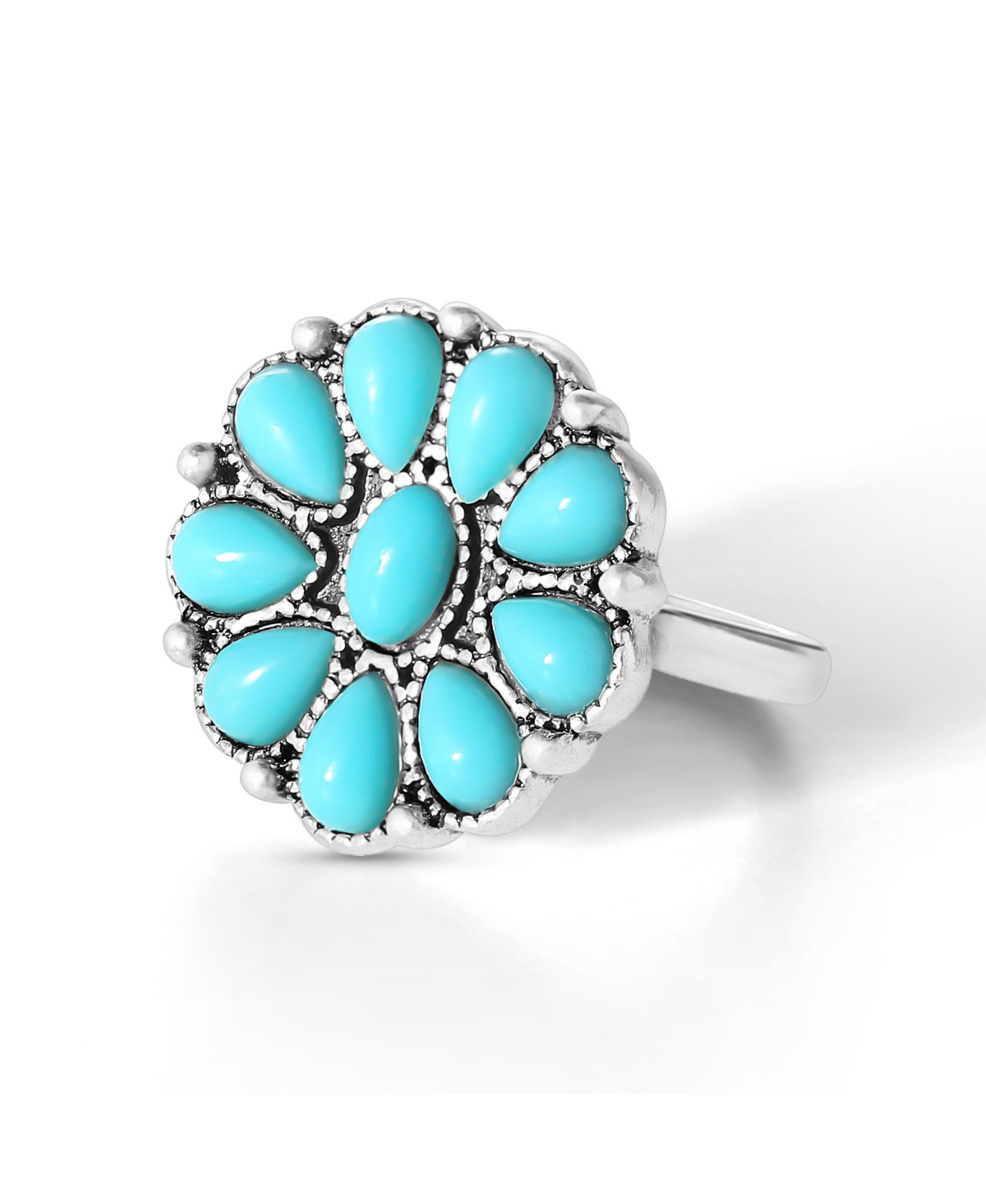 Silver-Tone Floral Turquoise Petite Cluster Ring - Silver tone, turquoise